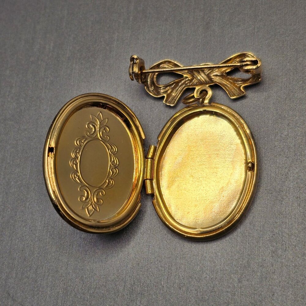 VTG Victorian Revival Gold-Tone Bow & Floral Locket Brooch 1.75" AB Rhinestones - Picture 5 of 11